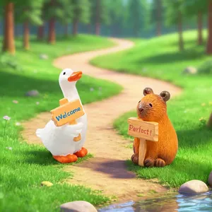 Kreative Mikrolandschaft Tierfiguren mit Ente und Wasserschwein, die Schilder halten.