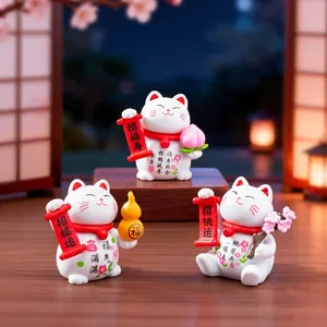 Set of three creative mini Maneki-neko lucky cat figurines for micro-landscape dollhouse DIY