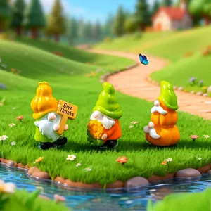 Three cute Thanksgiving pumpkin gnome figurines displayed in a miniature garden landscape