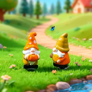Two mini Thanksgiving gnomes figurines with pumpkin and leaf decorations in a garden setting