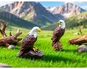 Dettaglio ravvicinato di statuette in resina di aquila calva in miniatura di DIY