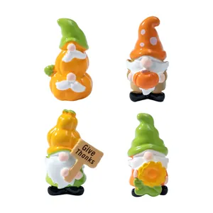 Set of 4 Thanksgiving gnome figurines with pumpkins and sunflower for DIY micro landscape