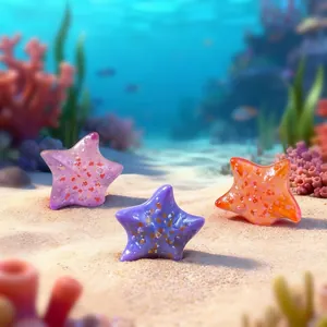 Set aus drei leuchtenden bunten Seestern-Miniaturen für realistische Aquariendekoration