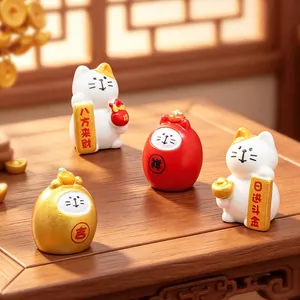 Set of four cute miniature lucky cat and daruma figurines for car and desk decor