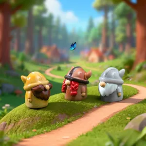 Set of three mini Viking gnome figurines with colorful beards on a mossy forest path