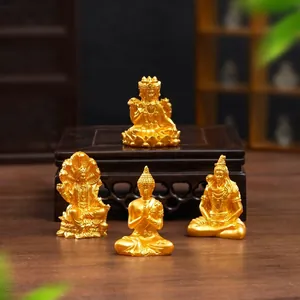Set of four miniature golden Southeast Asian deity figurines for dollhouse DIY decoration