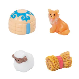 Set of resin micro-landscape figurines: miniature yurt, sheepdog, sheep, and hay bale