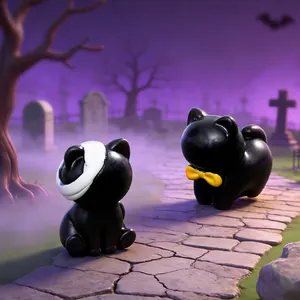 Miniatur Halloween schwarze Katzenfiguren in einer gruseligen Friedhofsszene gezeigt