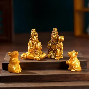 Set of four golden Hindu deity and mouse figurines for desktop or car dashboard decoration