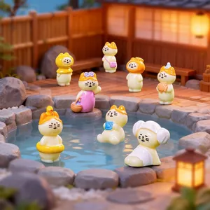 Cute miniature cat figurines set in a hot spring micro-landscape for dollhouse DIY