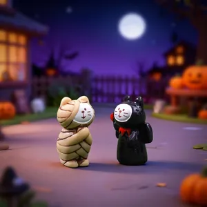 Cute miniature Halloween mummy and black devil cat figurines for DIY festive desk decor