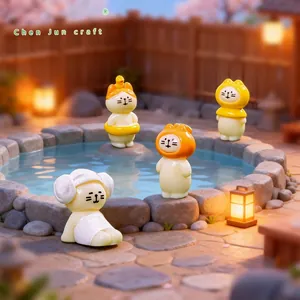 Set of miniature cat figurines relaxing in an onsen hot spring for dollhouse DIY decoration
