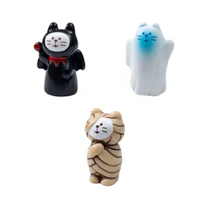 Mini Halloween cat figurines set featuring mummy, devil and ghost designs for DIY decor