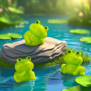 Three cute mini green resin frog figurines for DIY pond and fish tank landscaping decor