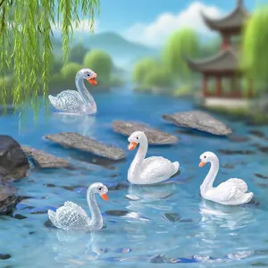 Set of miniature white and translucent swan figurines for micro landscape garden DIY decor