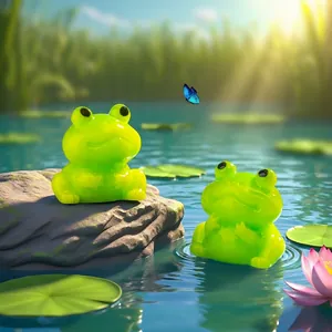Two cute mini green frog figurines in a pond scene for aquarium landscape DIY decoration.