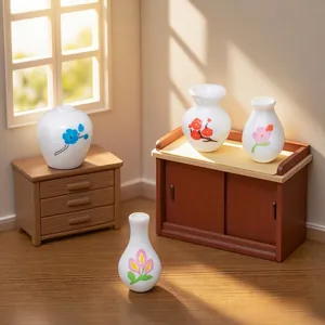 Detailed miniature floral pattern ceramic vases set for dollhouse micro-landscape decoration