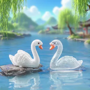 Pair of miniature glitter swan figurines for garden micro landscape DIY decoration