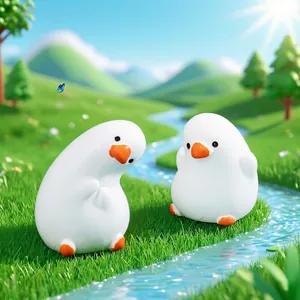 Pair of cute white goose figurines in miniature garden landscape for DIY desktop decoration