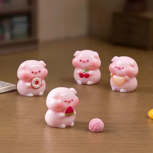 Set of 4 cute miniature resin pink pigs with fruit and donut themes for dollhouse DIY
