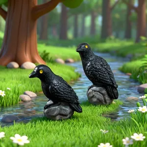 Realistische Krähenfiguren auf Steinen für Mikrolandschaften und Gartendekoration.