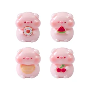 Set of 4 cute pink pig figurines holding fruit and donut for DIY miniature landscape