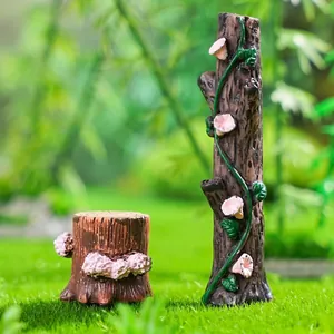 Miniature resin tree stump and log with flowers for DIY fairy garden landscaping