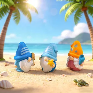 Collection of three cute miniature summer gnome figurines on a sandy beach for DIY decor
