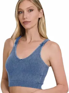 Soutien-gorge de sport côtelé bleu slim fit, haut de fitness court avec coussinets