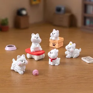 Set of five cute white Westie dog figurines for miniature landscape and dollhouse DIY decor