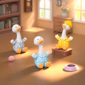 Set of three cute long-necked duck figurines in pajamas for micro landscape decoration