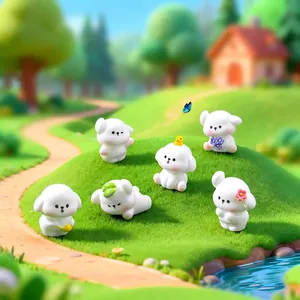 Set di sei graziose statuette di cuccioli di cartone animato in un paesaggio