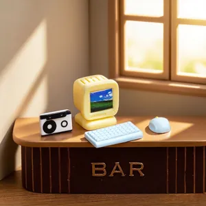Vintage miniature computer set with monitor and keyboard for dollhouse decoration