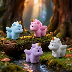 Four colorful cartoon mini unicorn figurines set for micro landscape DIY garden decor