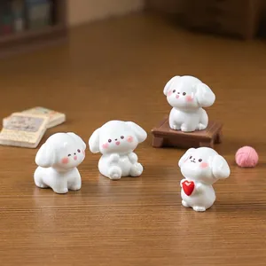 Set of cute miniature white puppy figurines with red heart for micro-landscape and DIY decor