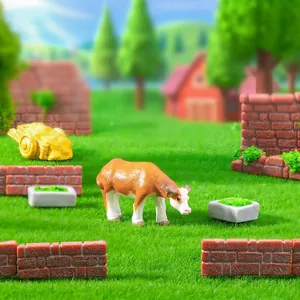 Miniature farm landscape DIY decoration kit featuring cow figurine and brick walls for terrariums