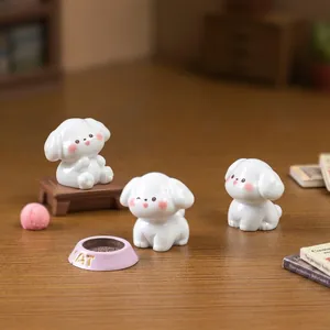 Set of 3 cute white puppy figurines for DIY dollhouse decoration and desktop ornament