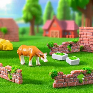 Miniature farm landscape DIY accessories with brick walls and cow figurine.