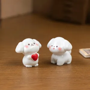 Pair of cute white puppy figurines with red heart for DIY dollhouse and car decor