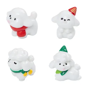 Set of four cute miniature white puppy figurines with Christmas scarves and party hats.