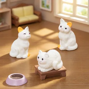 Three adorable white cat figurines in various poses for dollhouse DIY miniature scene decoration