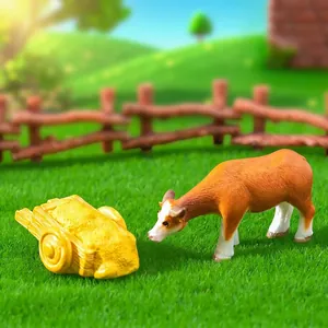 Detailed miniature farm cow figurine and yellow hay cart for DIY micro landscape garden decor