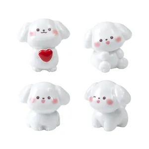 Set of four cute miniature white dog figurines with heart for DIY dollhouse decor