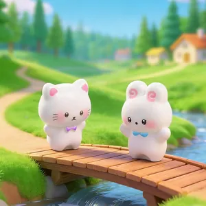 Two cute miniature cat and rabbit resin figurines on a tiny wooden bridge landscape