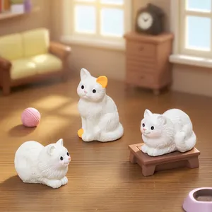 Set of cute white miniature cat figurines for DIY dollhouse and desktop decoration