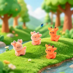 Mini Resin Cartoon Fawn Deer Ornament Micro Landscape Gardening DIY Flocked Small Animal Figurine Keychain Accessory