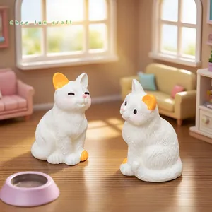 Pair of cute miniature white cat figurines for dollhouse DIY decor and desk ornament.