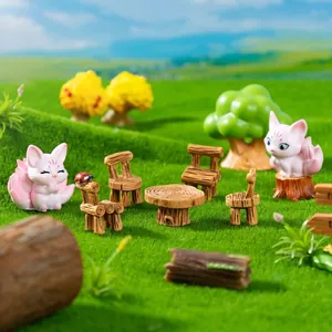 Miniature Pink Fox Fairy Landscape Ornament Retro Wood Grain Table Chair Resin Figurines For DIY Fairy Garden Home Decor