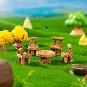Miniature retro wood-style table and chair set for micro landscape fairy garden DIY
