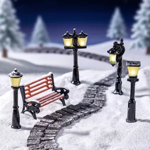 Vintage miniature park street lamps and bench set for DIY micro landscape decor